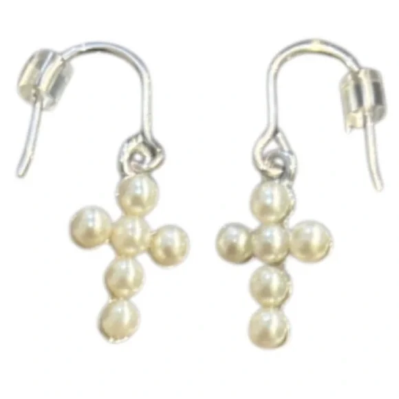 Cross Earrings Freshwater Pearl Sterling Silver Jewelry Dangle Wire Ivory White